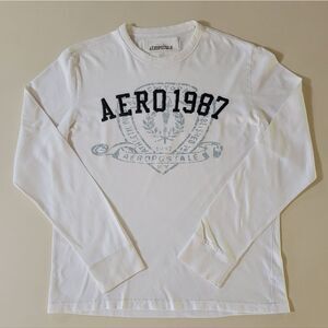 Aeropostle Men's White Relaxed Fit Crew Long Sleeve Graphic Front Tee